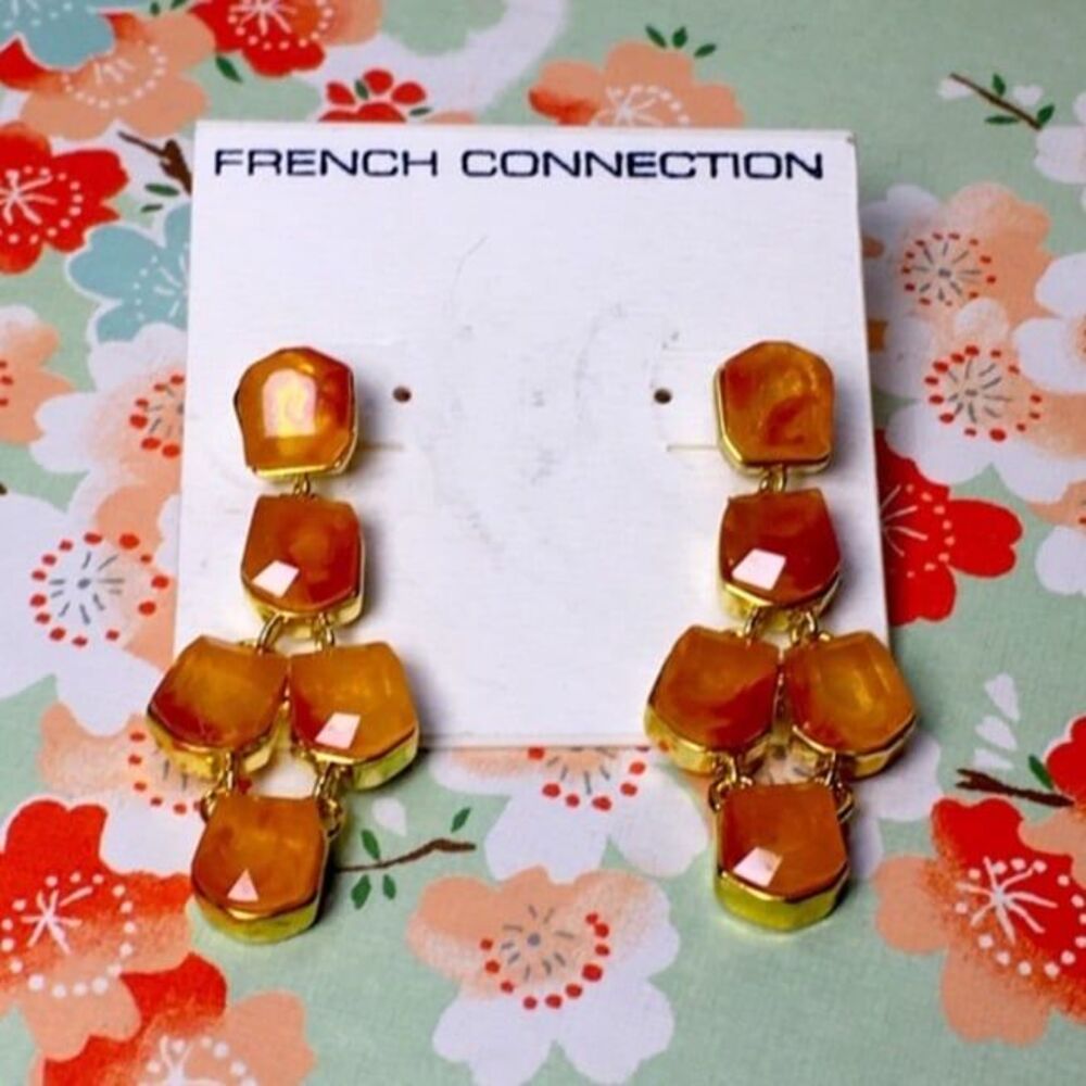 French Connection Gold and Orange Gem Hanging earrings New